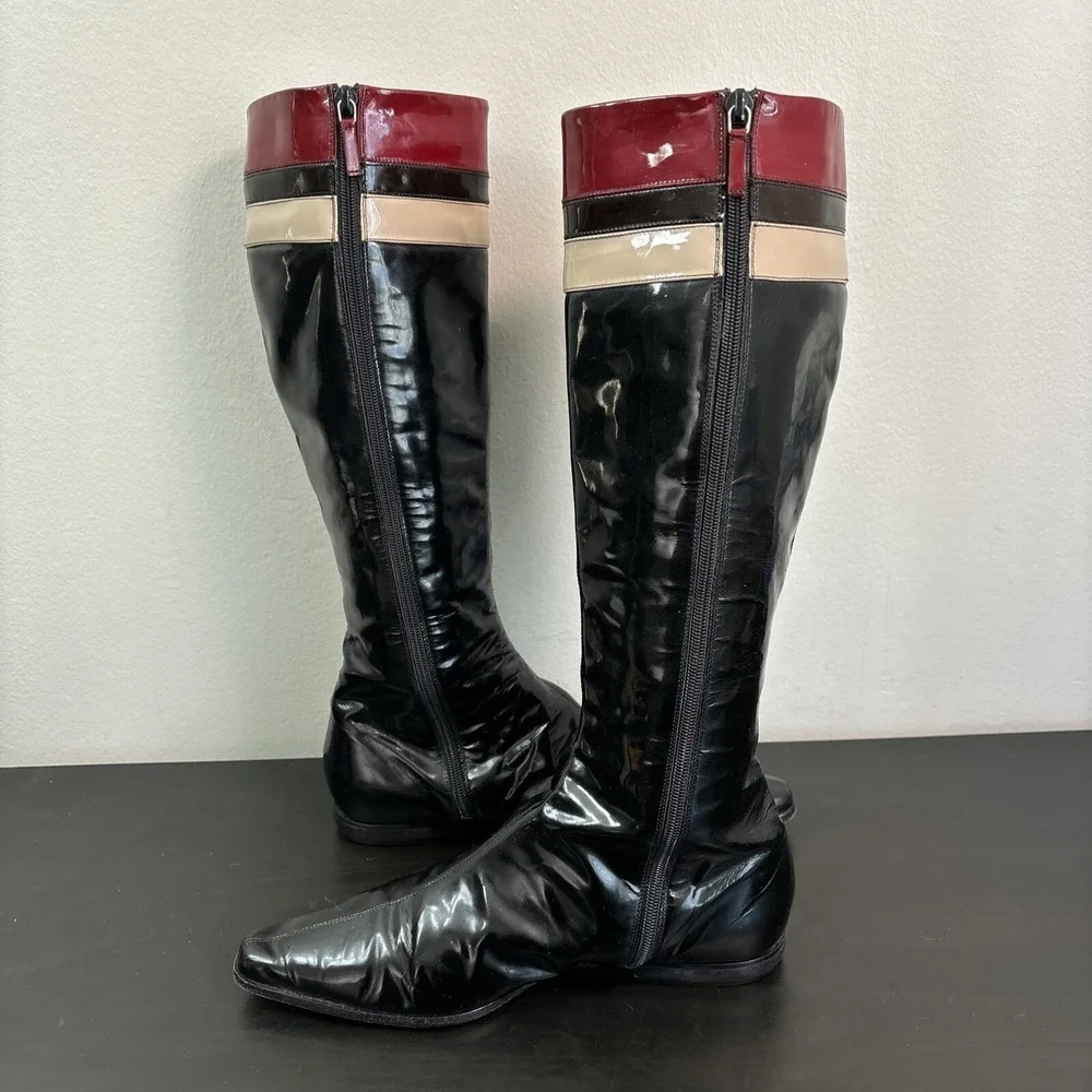 Burberry Red Black Patent Leather Pointed-Toe Knee-High Riding Boots Womens 37.5
